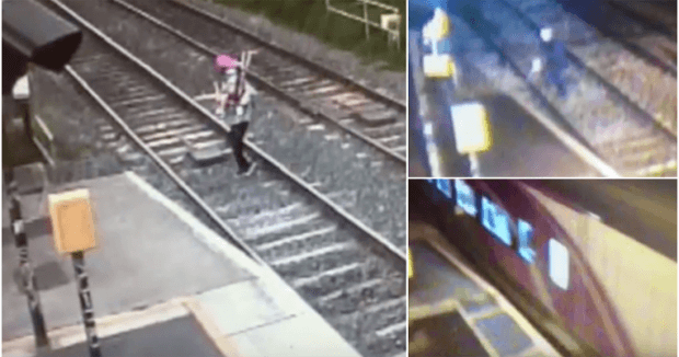 Nail-biting video showing the moment a person avoids getting hit by a speeding train by a split second