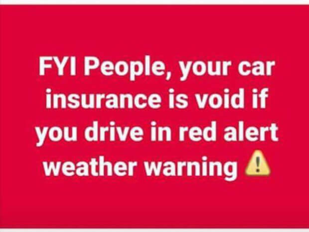 Storm Ophelia - Is my car insurance void if I drive in a red weather alert?