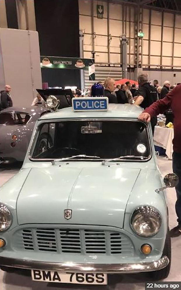 blue and white Leyland Mini 850 police patrol van