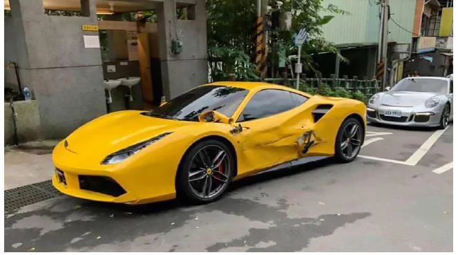 A 20-year-old delivery driver from Taiwan is facing astronomical costs for repairs after he crashed into four supercars.