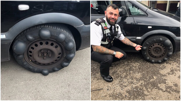 Bizarre bubbles appear on front tyre stopped on school run in Derby